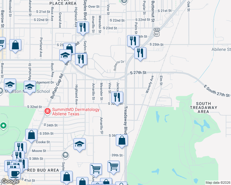 map of restaurants, bars, coffee shops, grocery stores, and more near 1701 Edgemont Drive in Abilene