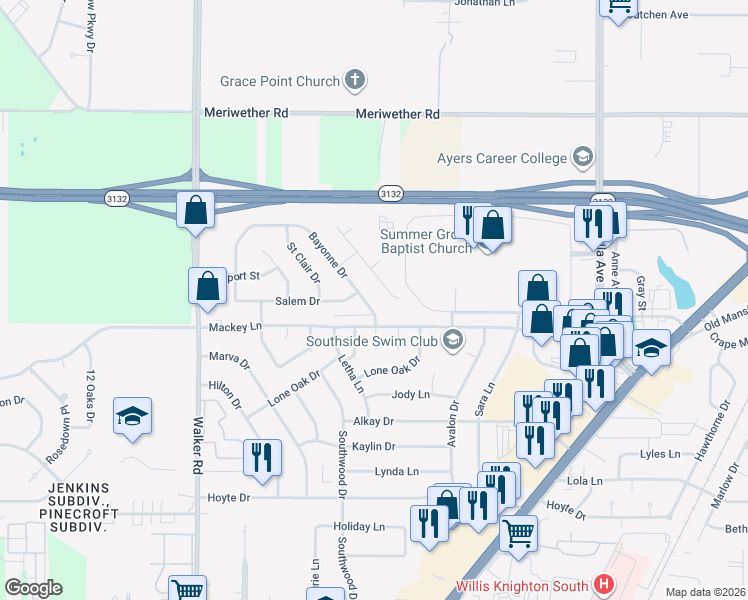 map of restaurants, bars, coffee shops, grocery stores, and more near 8925 Bayonne Dr in Shreveport