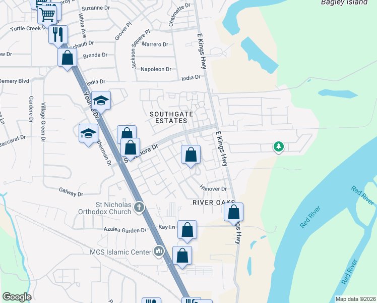map of restaurants, bars, coffee shops, grocery stores, and more near 10041 Stratmore Circle in Shreveport