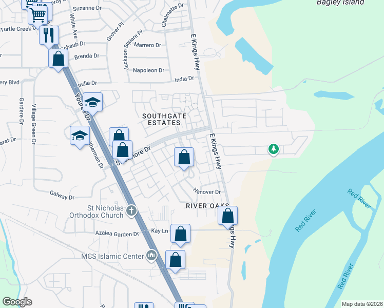 map of restaurants, bars, coffee shops, grocery stores, and more near 10041 Stratmore Circle in Shreveport