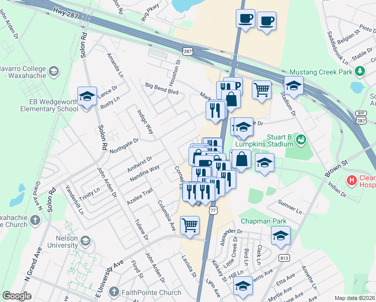 map of restaurants, bars, coffee shops, grocery stores, and more near 510 Indian Drive in Waxahachie