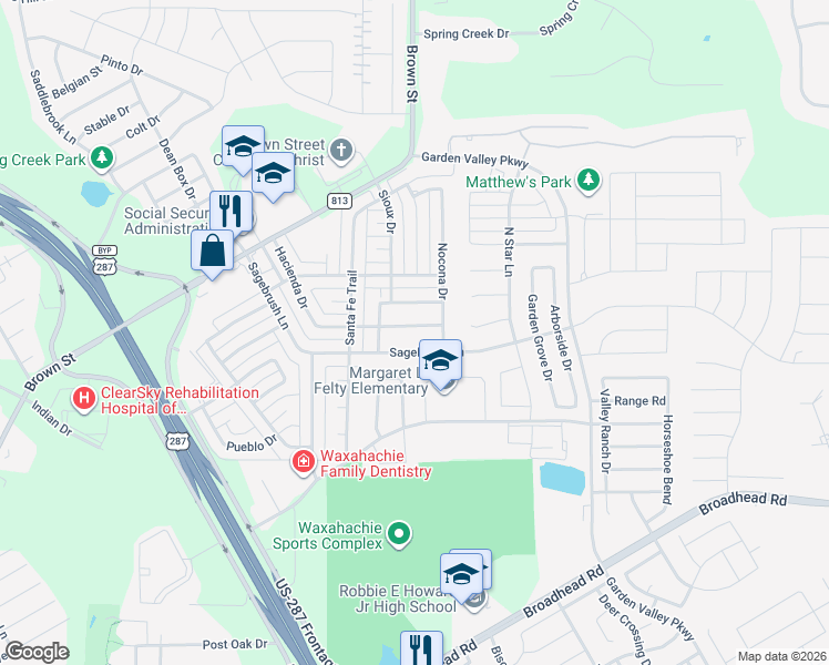 map of restaurants, bars, coffee shops, grocery stores, and more near 326 Hacienda Drive in Waxahachie