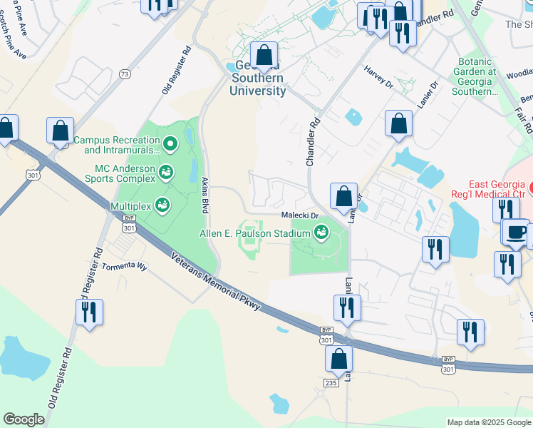 map of restaurants, bars, coffee shops, grocery stores, and more near Malecki Drive in Statesboro