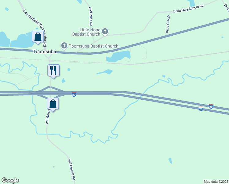 map of restaurants, bars, coffee shops, grocery stores, and more near Interstate 20 in Toomsuba