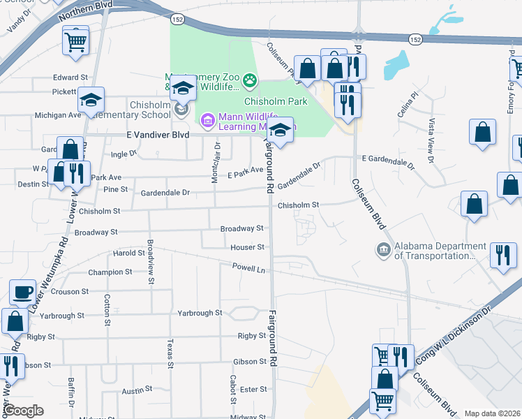 map of restaurants, bars, coffee shops, grocery stores, and more near 526 Chisholm Street in Montgomery