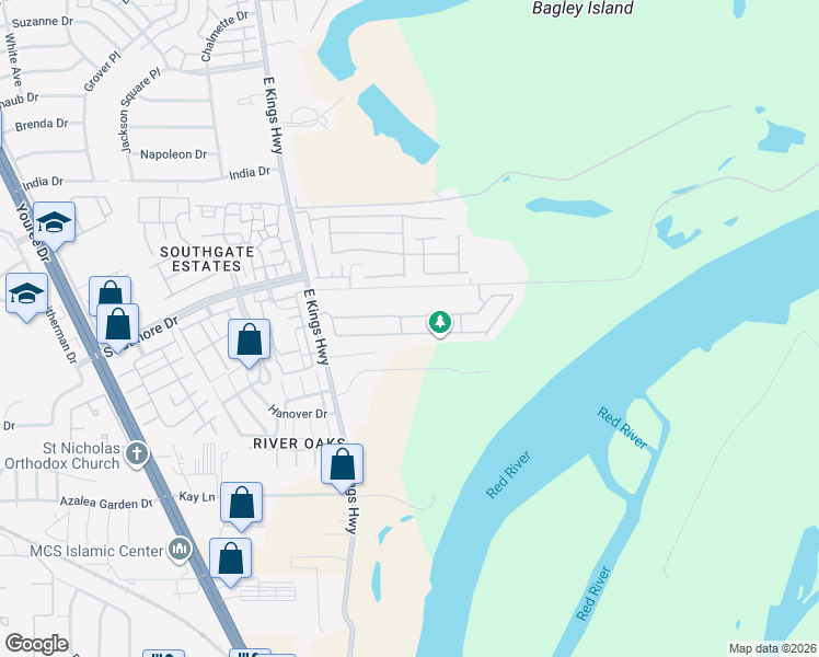 map of restaurants, bars, coffee shops, grocery stores, and more near 107 Riverbrooke Drive in Shreveport
