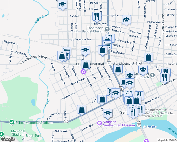 map of restaurants, bars, coffee shops, grocery stores, and more near 719 Tremont Street in Selma