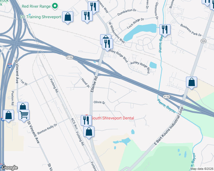 map of restaurants, bars, coffee shops, grocery stores, and more near 601-699 Emberwood Dr in Shreveport