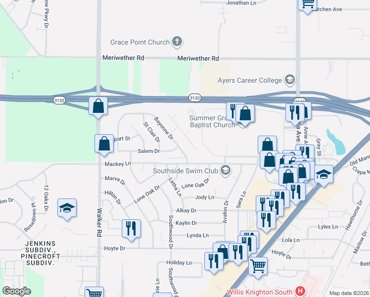 map of restaurants, bars, coffee shops, grocery stores, and more near 8925 Bayonne Drive in Shreveport
