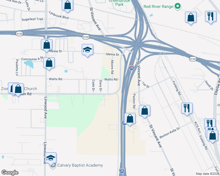 map of restaurants, bars, coffee shops, grocery stores, and more near 9216 Emmett Drive in Shreveport