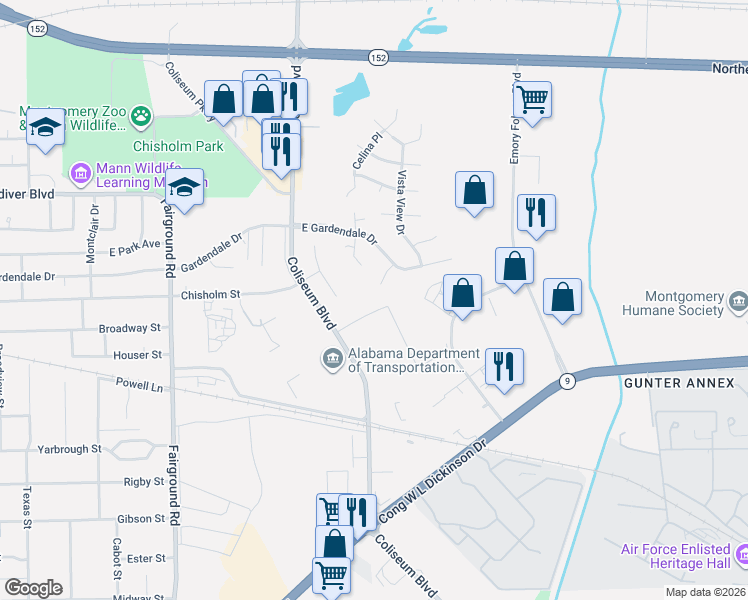 map of restaurants, bars, coffee shops, grocery stores, and more near 1600 Eastern Ridge Court in Montgomery