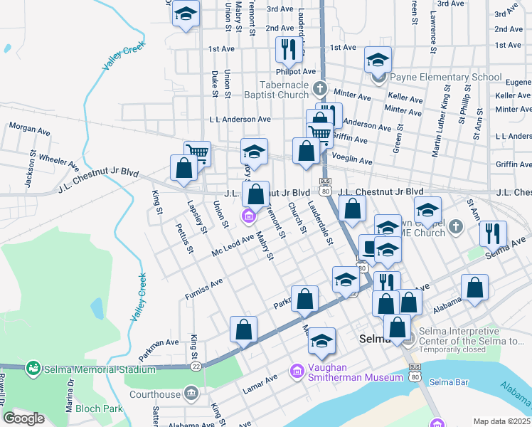 map of restaurants, bars, coffee shops, grocery stores, and more near 719 Tremont Street in Selma