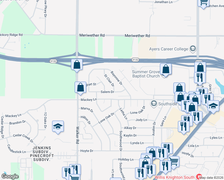 map of restaurants, bars, coffee shops, grocery stores, and more near 2943 Salem Drive in Shreveport