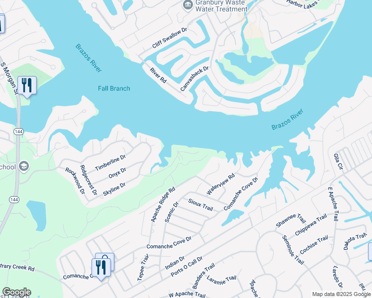 map of restaurants, bars, coffee shops, grocery stores, and more near 722 Rock Harbor Court in Granbury