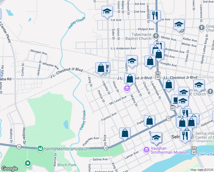 map of restaurants, bars, coffee shops, grocery stores, and more near 804 Lapsley Street in Selma