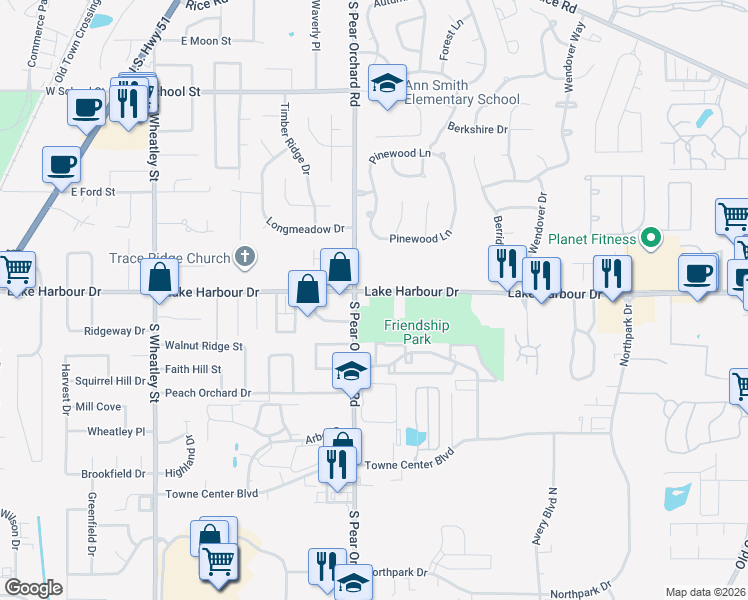 map of restaurants, bars, coffee shops, grocery stores, and more near 405 Lake Harbour Drive in Ridgeland