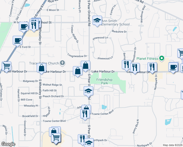 map of restaurants, bars, coffee shops, grocery stores, and more near 405 Lake Harbour Drive in Ridgeland
