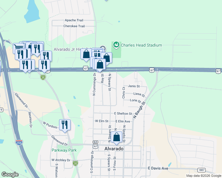 map of restaurants, bars, coffee shops, grocery stores, and more near 710 North Spears Street in Alvarado