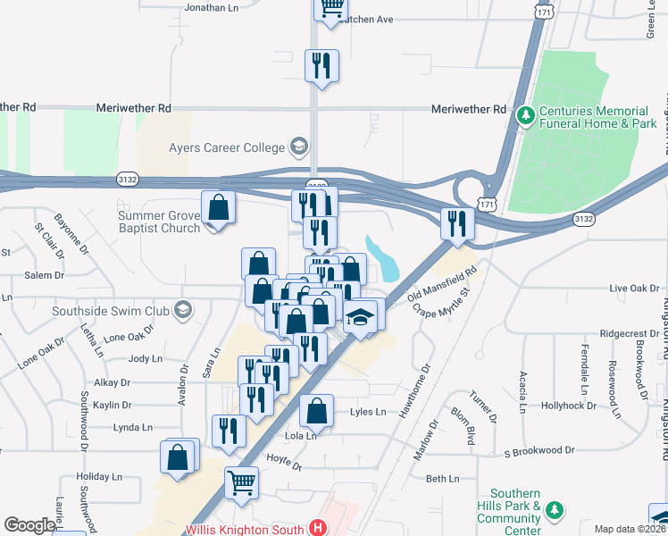map of restaurants, bars, coffee shops, grocery stores, and more near 8947 Anne Avenue in Shreveport