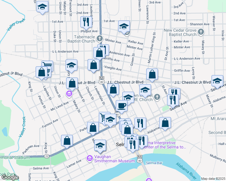 map of restaurants, bars, coffee shops, grocery stores, and more near 601 Washington Street in Selma