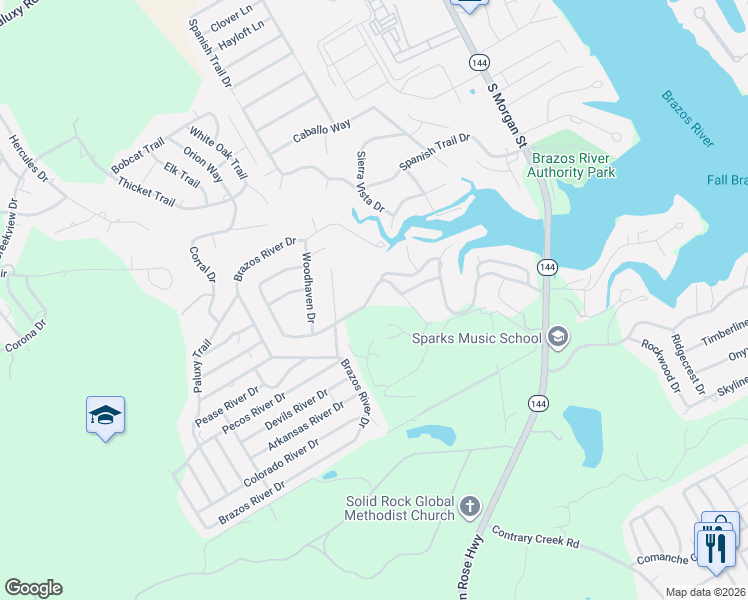 map of restaurants, bars, coffee shops, grocery stores, and more near 409 Heritage Trail in Granbury