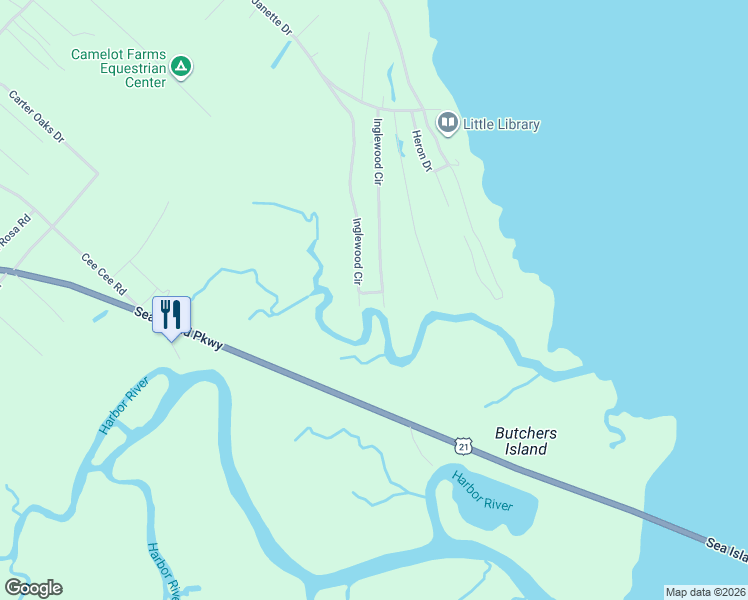 map of restaurants, bars, coffee shops, grocery stores, and more near 85 Inglewood Circle in Saint Helena Island