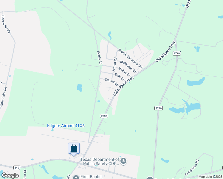 map of restaurants, bars, coffee shops, grocery stores, and more near 3850 Farm to Market Road 2087 in Kilgore