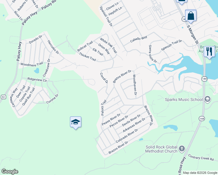 map of restaurants, bars, coffee shops, grocery stores, and more near 2905 Paluxy Trail in Granbury