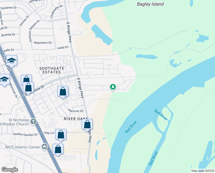 map of restaurants, bars, coffee shops, grocery stores, and more near 107 Riverbrooke Drive in Shreveport