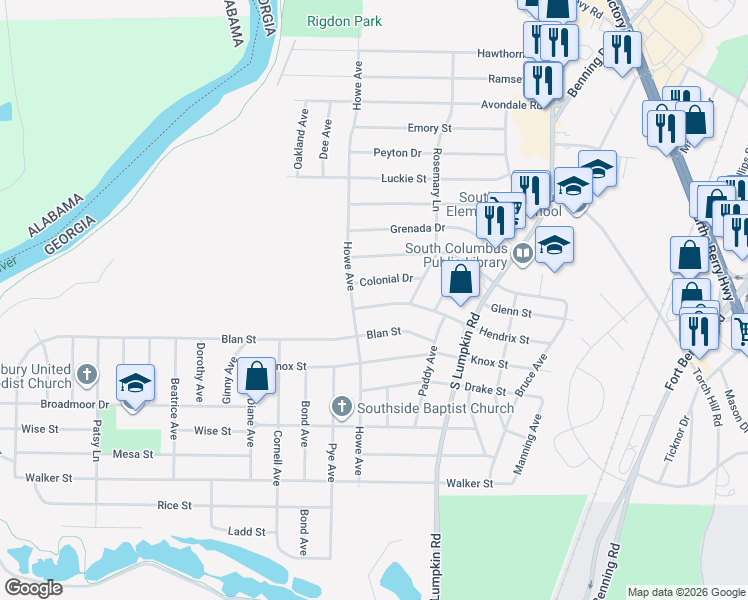 map of restaurants, bars, coffee shops, grocery stores, and more near 3004 Hendrix Street in Columbus