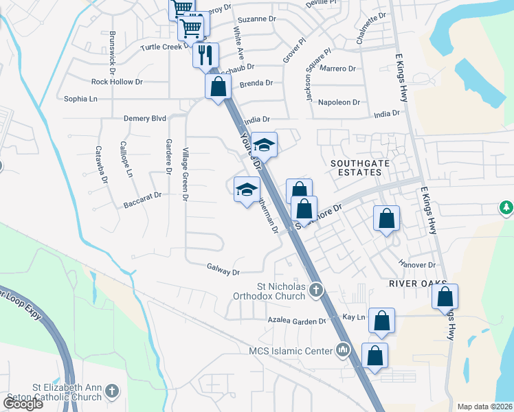 map of restaurants, bars, coffee shops, grocery stores, and more near 9900 Smitherman Drive in Shreveport
