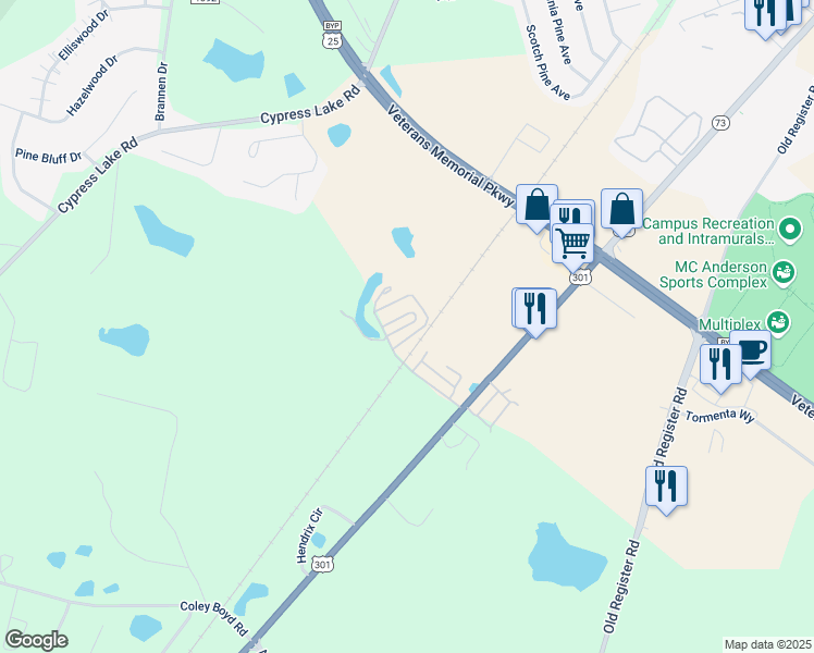 map of restaurants, bars, coffee shops, grocery stores, and more near Thoroughbred Drive in Statesboro