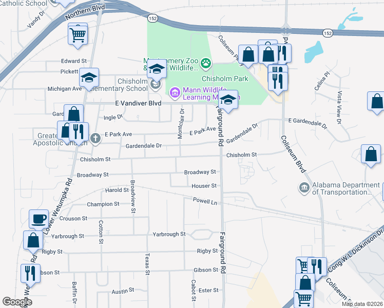map of restaurants, bars, coffee shops, grocery stores, and more near 406 Chisholm Street in Montgomery