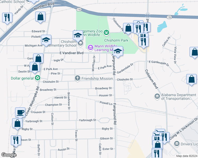 map of restaurants, bars, coffee shops, grocery stores, and more near 406 Chisholm Street in Montgomery