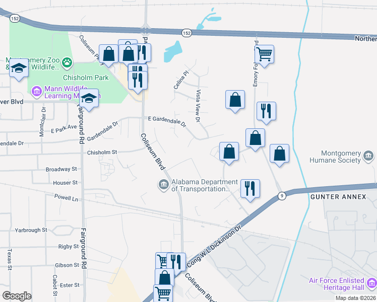 map of restaurants, bars, coffee shops, grocery stores, and more near 1600 Eastern Ridge Court in Montgomery