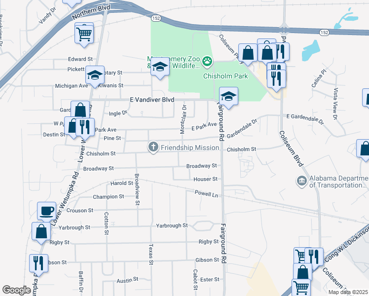 map of restaurants, bars, coffee shops, grocery stores, and more near 401 Chisholm Street in Montgomery