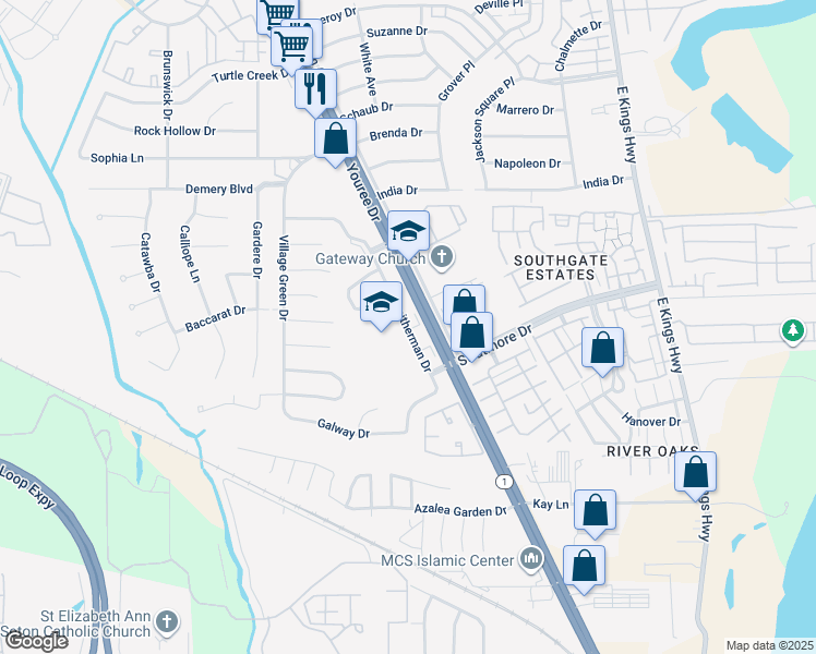 map of restaurants, bars, coffee shops, grocery stores, and more near 9900 Smitherman Drive in Shreveport