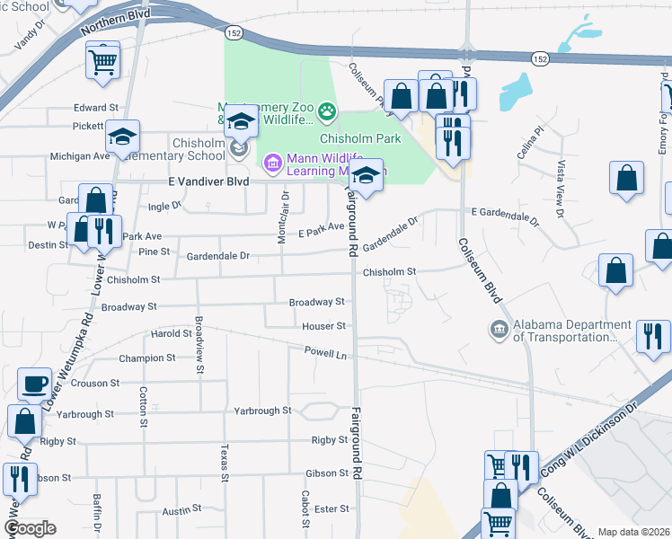 map of restaurants, bars, coffee shops, grocery stores, and more near 517 Chisholm Street in Montgomery