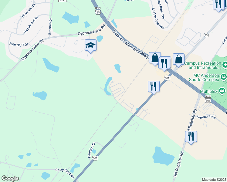 map of restaurants, bars, coffee shops, grocery stores, and more near Thoroughbred Drive in Statesboro