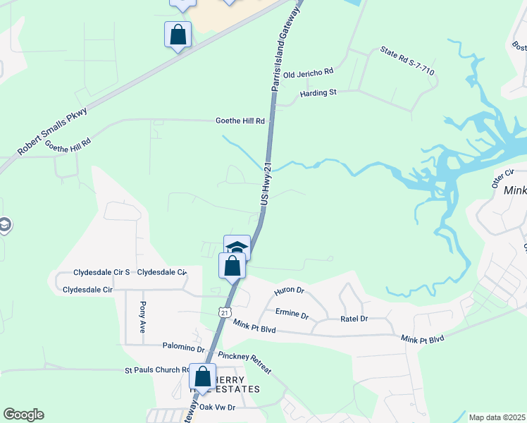 map of restaurants, bars, coffee shops, grocery stores, and more near 341 Parris Island Gateway in Beaufort