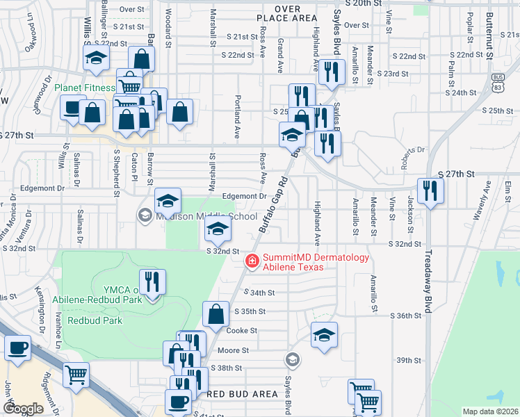 map of restaurants, bars, coffee shops, grocery stores, and more near 3050 Buffalo Gap Road in Abilene