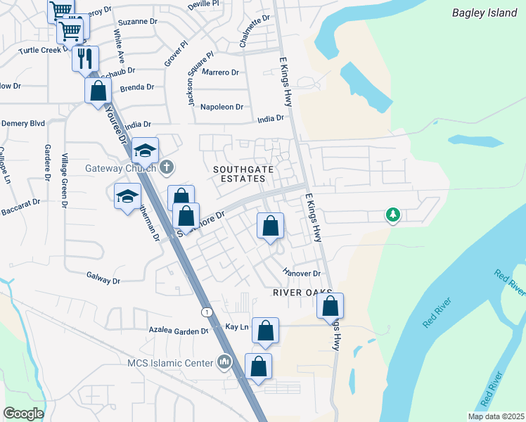 map of restaurants, bars, coffee shops, grocery stores, and more near 10019 Georgetown Drive in Shreveport