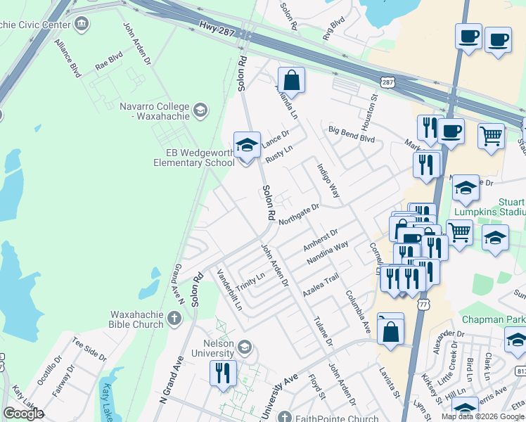 map of restaurants, bars, coffee shops, grocery stores, and more near 371 Solon Road in Waxahachie