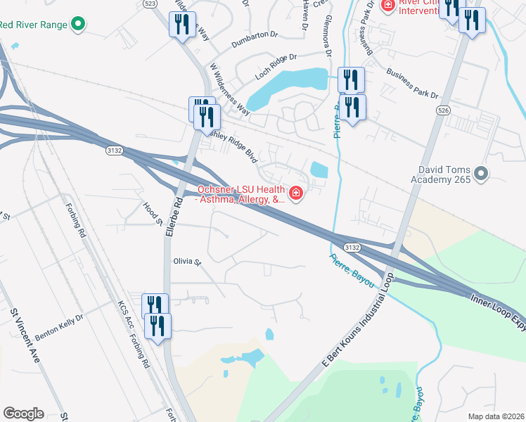 map of restaurants, bars, coffee shops, grocery stores, and more near 801 Cobblestone Drive in Shreveport