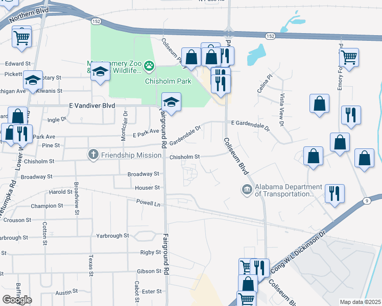 map of restaurants, bars, coffee shops, grocery stores, and more near 650 Chisholm St in Montgomery