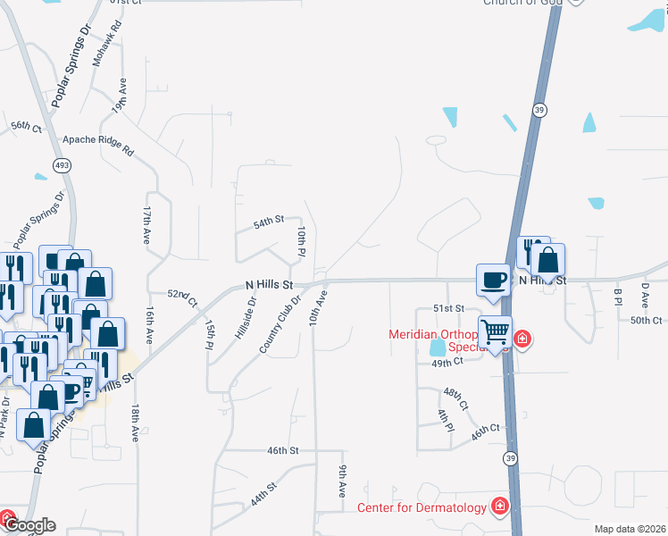 map of restaurants, bars, coffee shops, grocery stores, and more near 5320 10th Avenue in Meridian