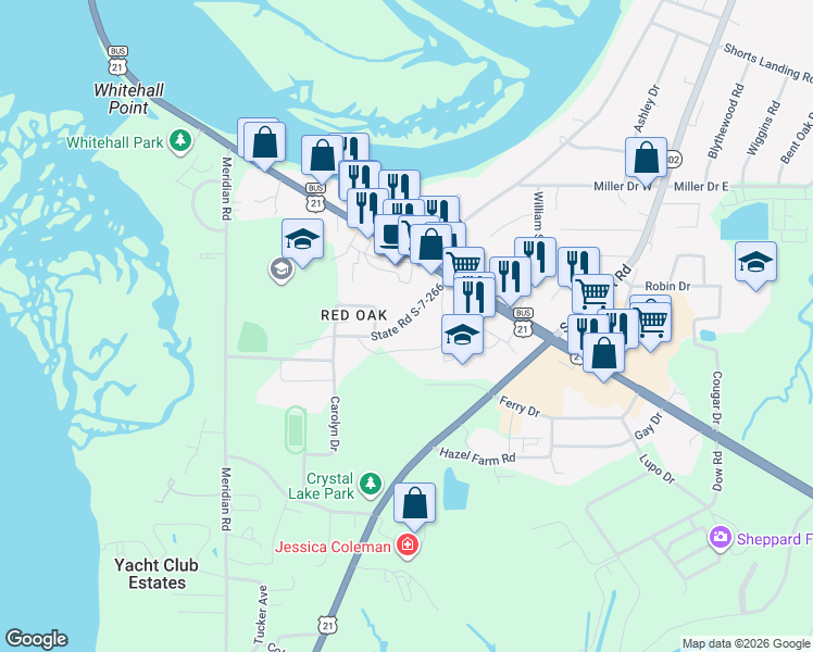 map of restaurants, bars, coffee shops, grocery stores, and more near 59 State Road S-7-266 in Beaufort