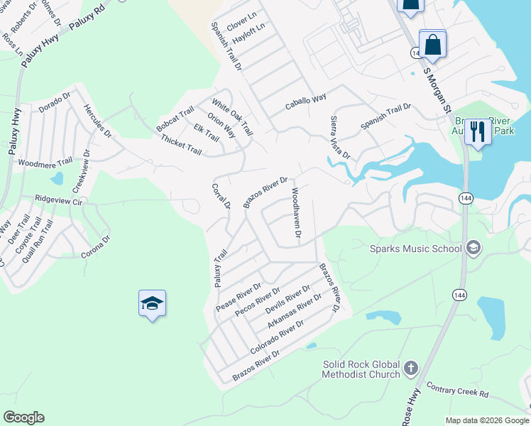 map of restaurants, bars, coffee shops, grocery stores, and more near 715 Heritage Trail in Granbury