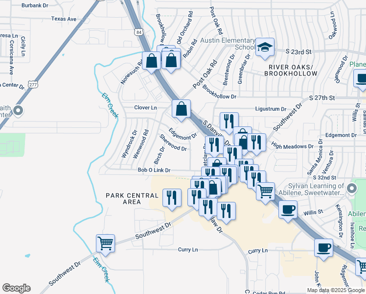 map of restaurants, bars, coffee shops, grocery stores, and more near 4218 Sherwood Drive in Abilene