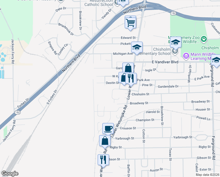 map of restaurants, bars, coffee shops, grocery stores, and more near 129 Destin Street in Montgomery